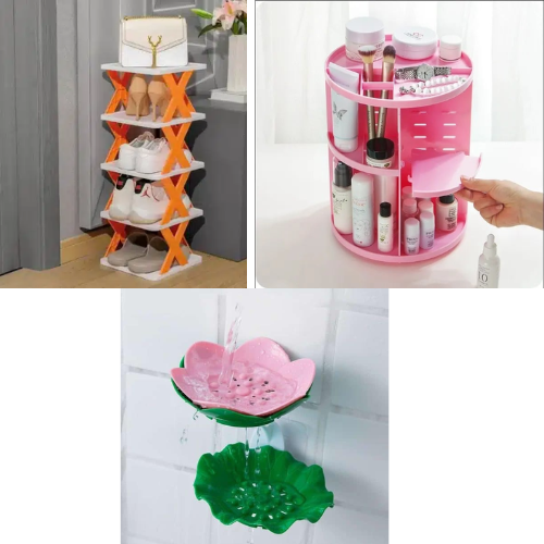 Home Aura Buy 2 Get 1 Free Pack (5 Layer Stackable Shoe Rack Shoe Stand + 360 Rotating Cosmetic Organizer + Double Wall Hanging Drain Soap Box)