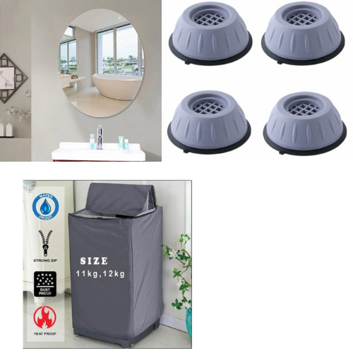 Home Safety Applianes - 3 in 1 Pack (Washing Machine Anti Vibration Feet + Washing Machine Cover + Self Adhesive Acrylic Non Glass Mirror)