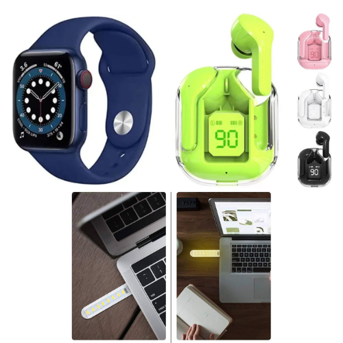 Tech Accessories 3 in 1 Pack (T900 Smart Watch + Wireless Earphone + Usb Portable LED Night Light)